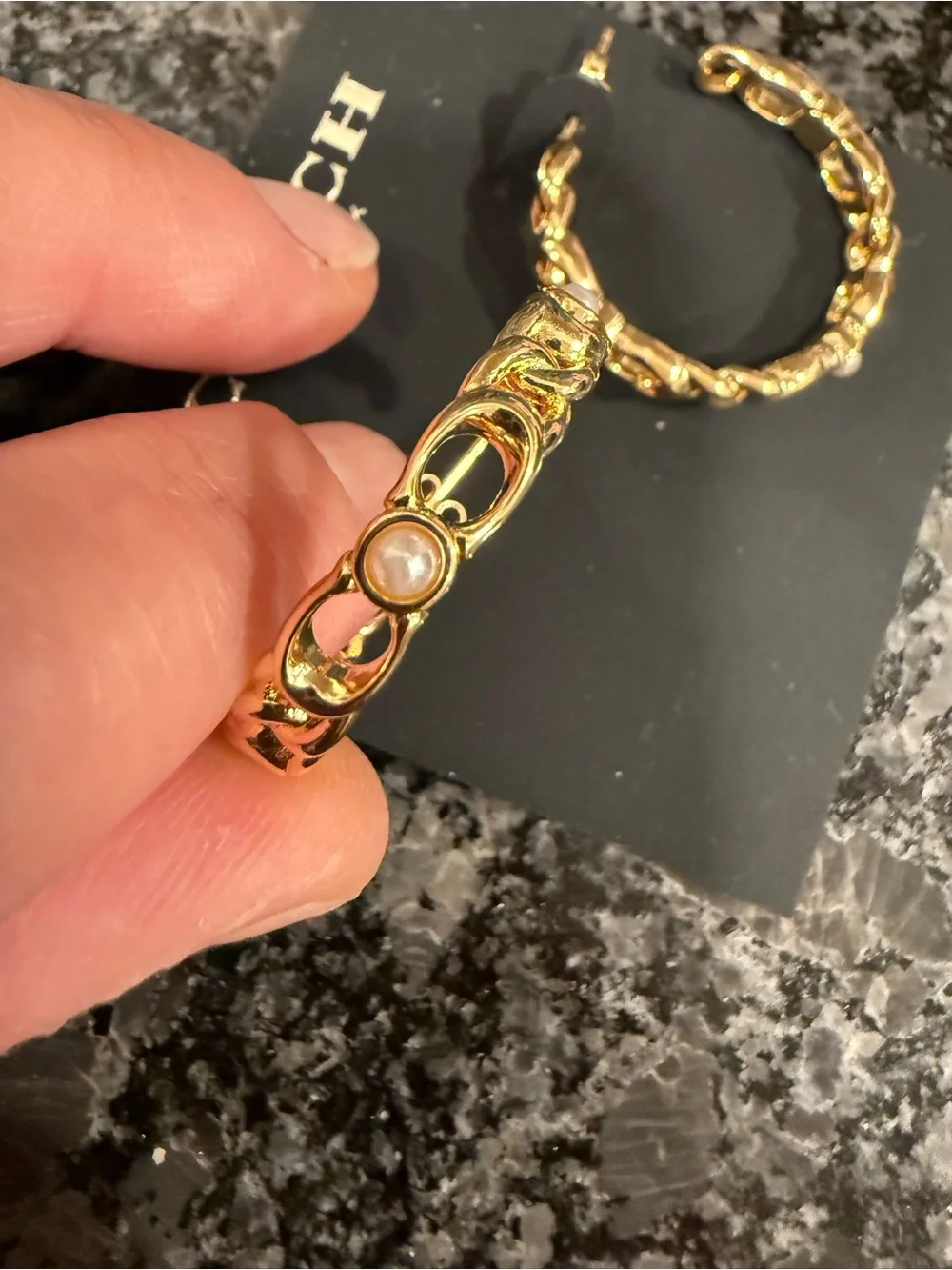 Coach Style Gold Braided Hoop with Pearl Style accent and “C” s Earrings - Picture 3 of 11